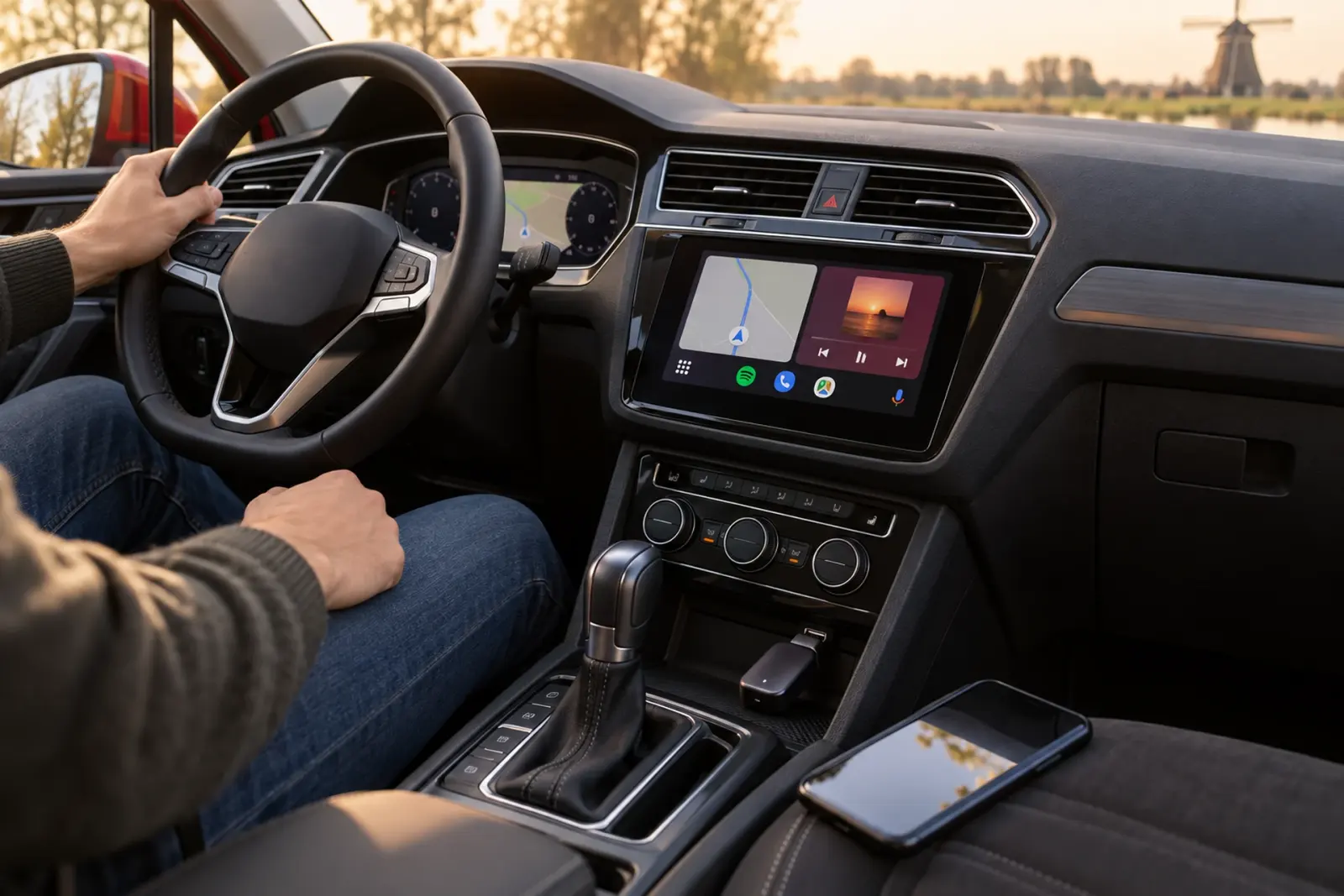 Draadloze Android Auto-adapter in de USB-poort van de middenconsole, met Google Maps en muziek op het scherm, in een auto uit Nijmegen bij zonsondergang in de polder