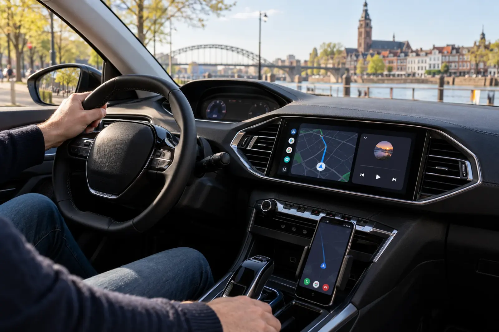 Android Auto bestellen in Nijmegen: Google Maps op het dashboardscherm en op de telefoon in de houder, met de Waalbrug op de achtergrond