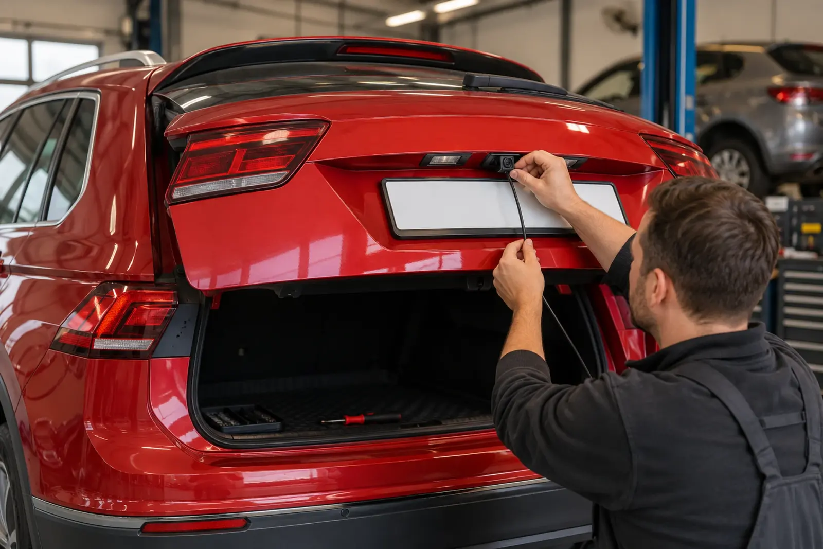 Achteruitrijcamera wordt boven de kentekenplaat van een rode SUV gemonteerd, in dezelfde afspraak als de Android Auto-radio, in de werkplaats voor regio Nijmegen