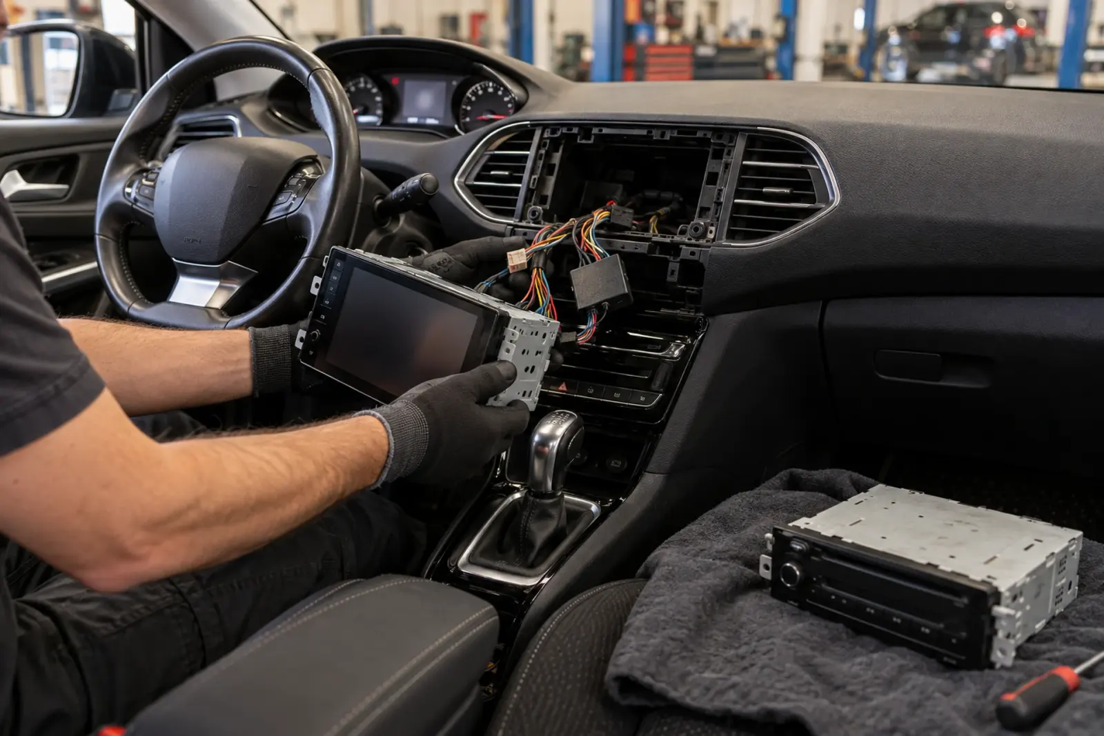 Android Auto radio inbouwen in Nijmegen: monteur houdt het nieuwe touchscreen voor de lege dashboardopening, de oude radio ligt op de stoel