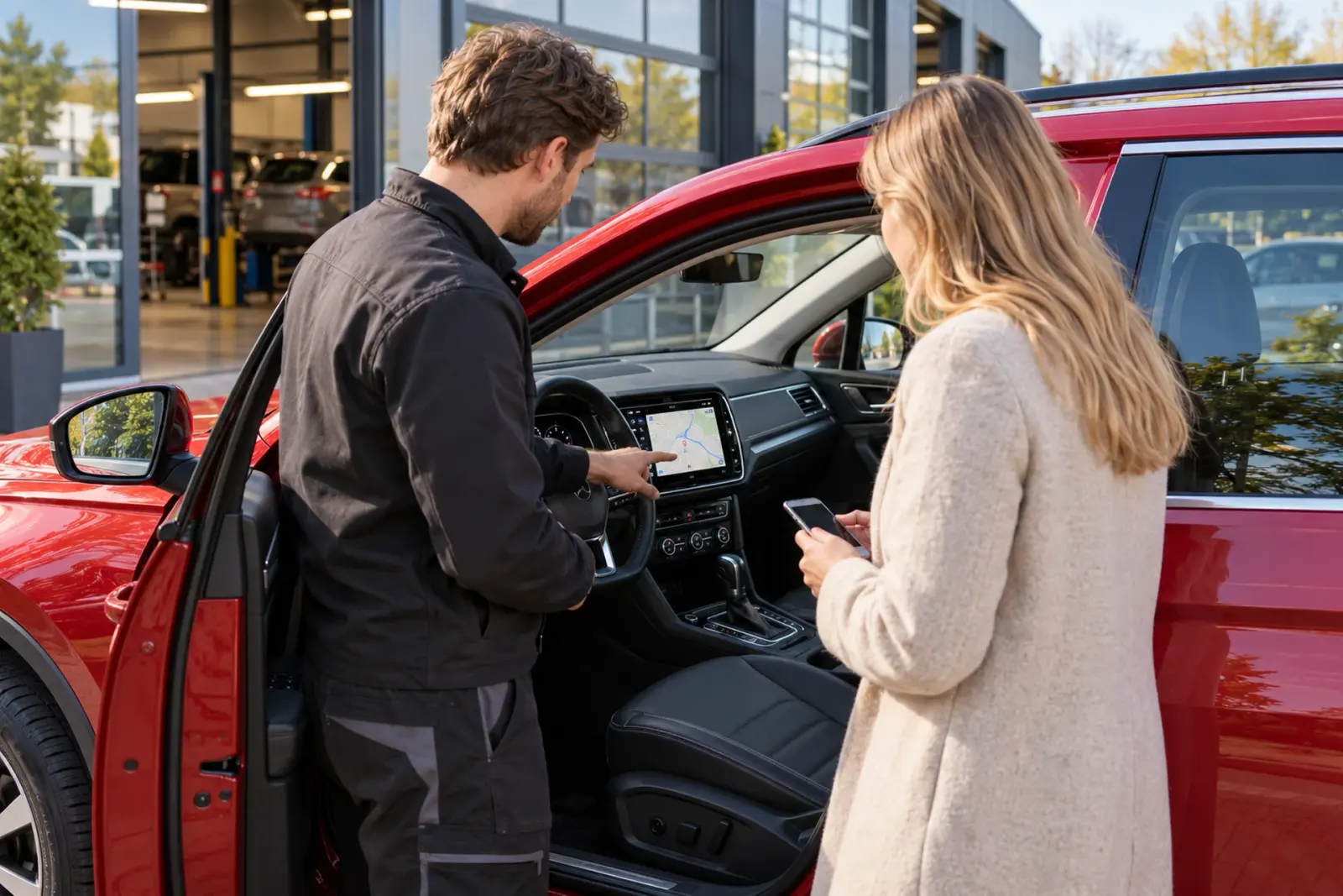 Monteur van de inbouwpartner legt een klant uit Nijmegen het nieuwe CarPlay-scherm uit in haar rode SUV bij de werkplaats