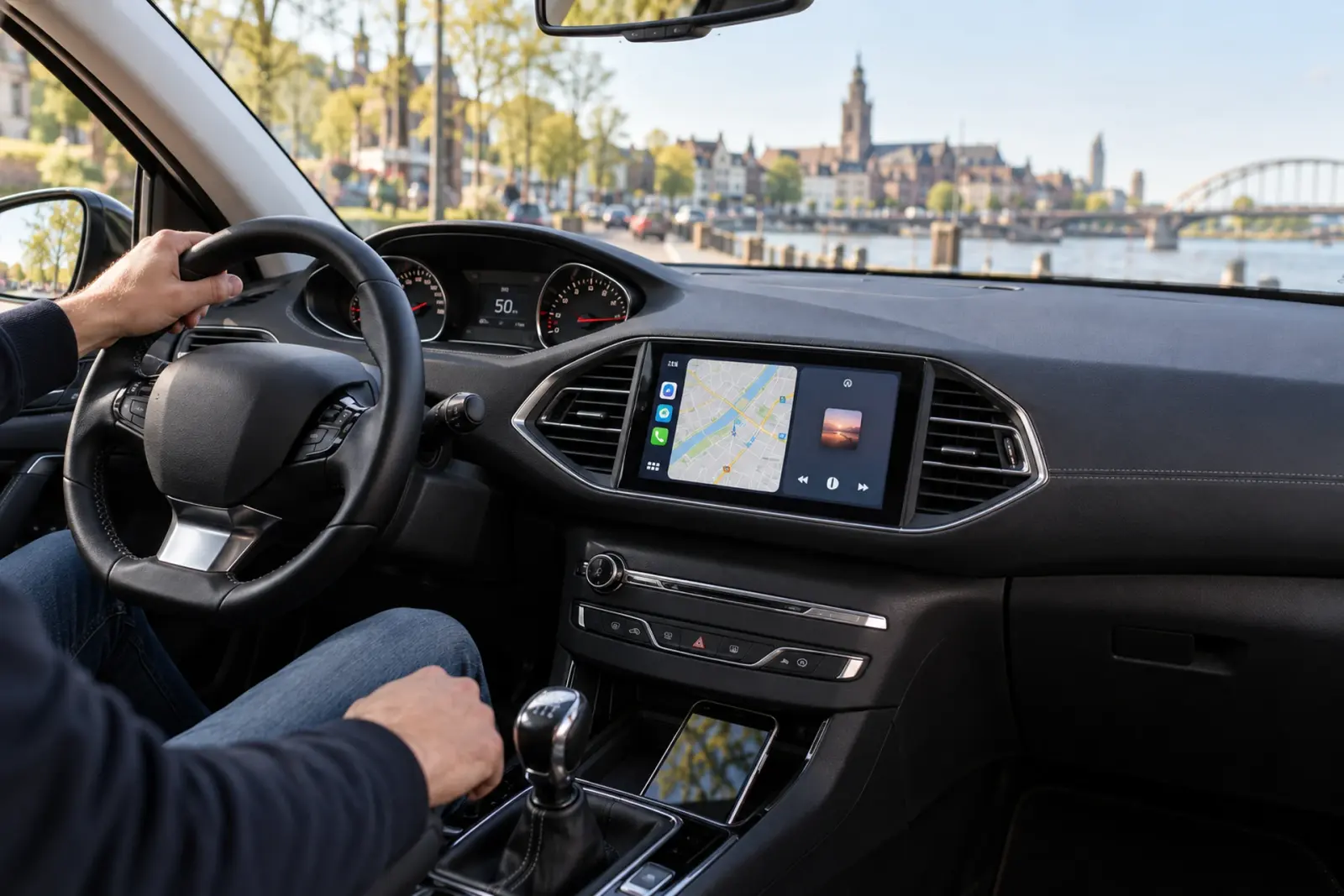 CarPlay bestellen in Nijmegen: CarPlay-scherm met navigatie in het dashboard van een auto aan de Waal, met de Waalbrug en de skyline van Nijmegen op de achtergrond