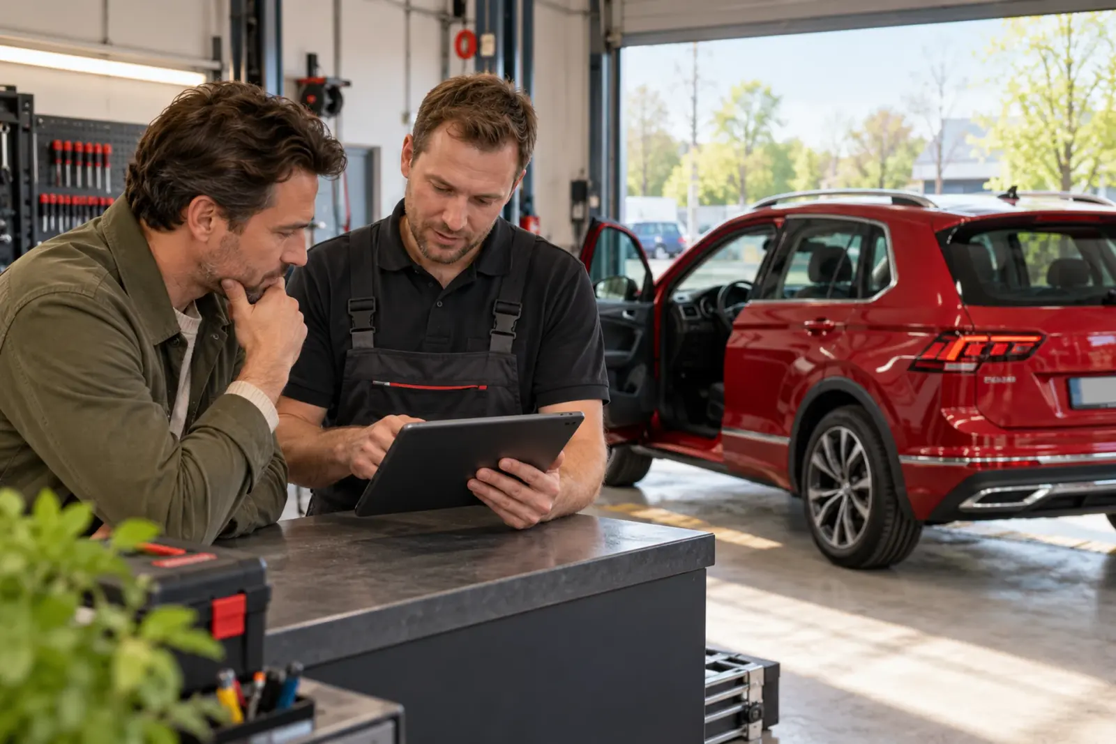 Specialist van de inbouwpartner bespreekt de offerte voor CarPlay inbouwen op een tablet met een klant uit Nijmegen, rode SUV op de achtergrond