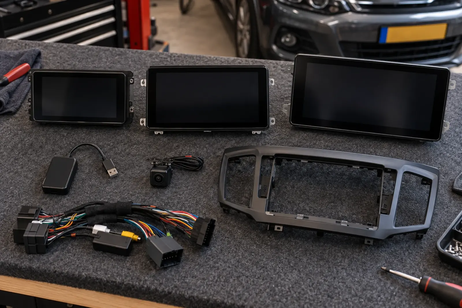CarPlay prijzen in Nijmegen: drie touchscreens, een draadloze adapter, een achteruitrijcamera, kabelboom en inbouwframe op de werkbank van de inbouwpartner