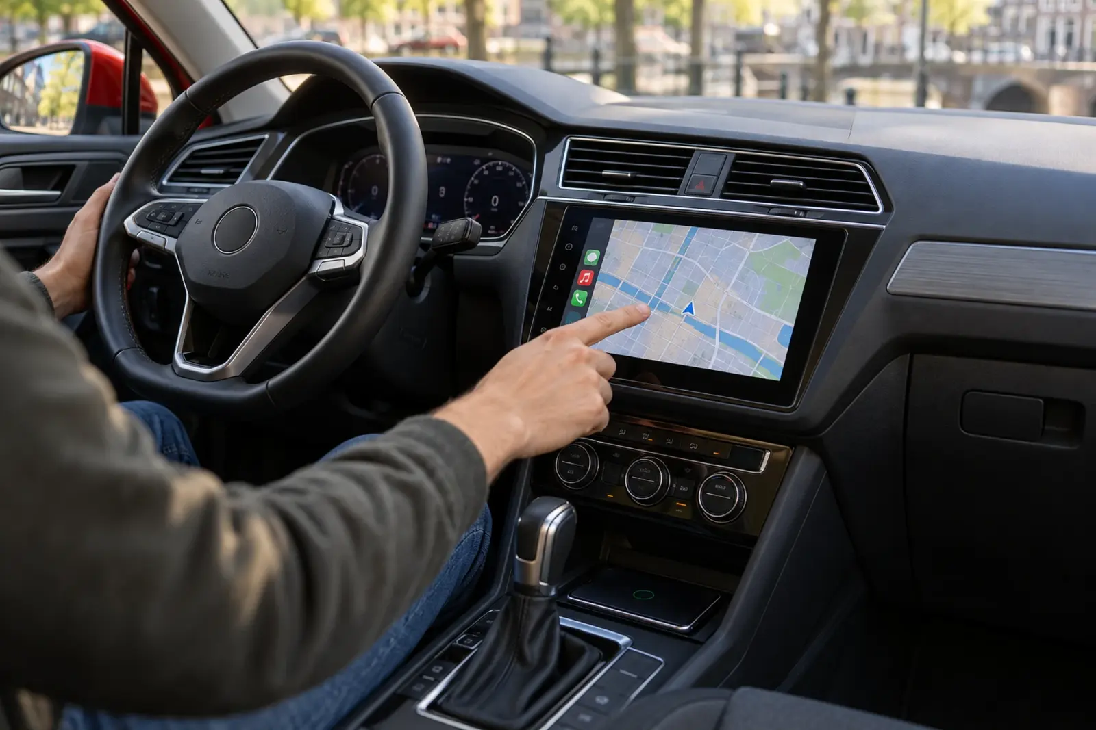 Bestuurder uit Nijmegen tikt een route aan op een ingebouwd CarPlay-scherm van ruim 9 inch, geparkeerd aan het water