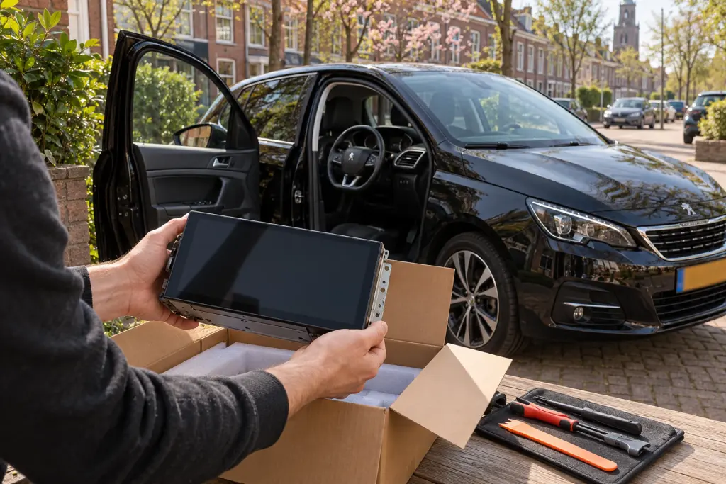 Nieuw 2-DIN CarPlay-scherm wordt uitgepakt naast een zwarte Peugeot 308 in een woonstraat in Nijmegen