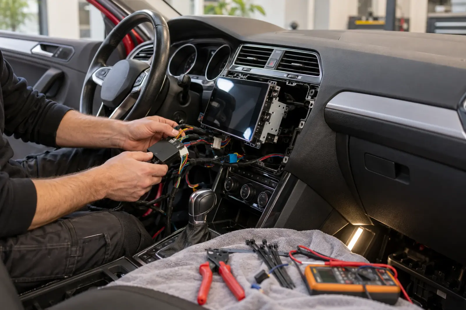 Monteur sluit de stuurwiel- en CAN-bus-interface aan achter het nieuwe CarPlay-scherm van een rode auto uit Nijmegen, met multimeter en kabelbinders binnen handbereik