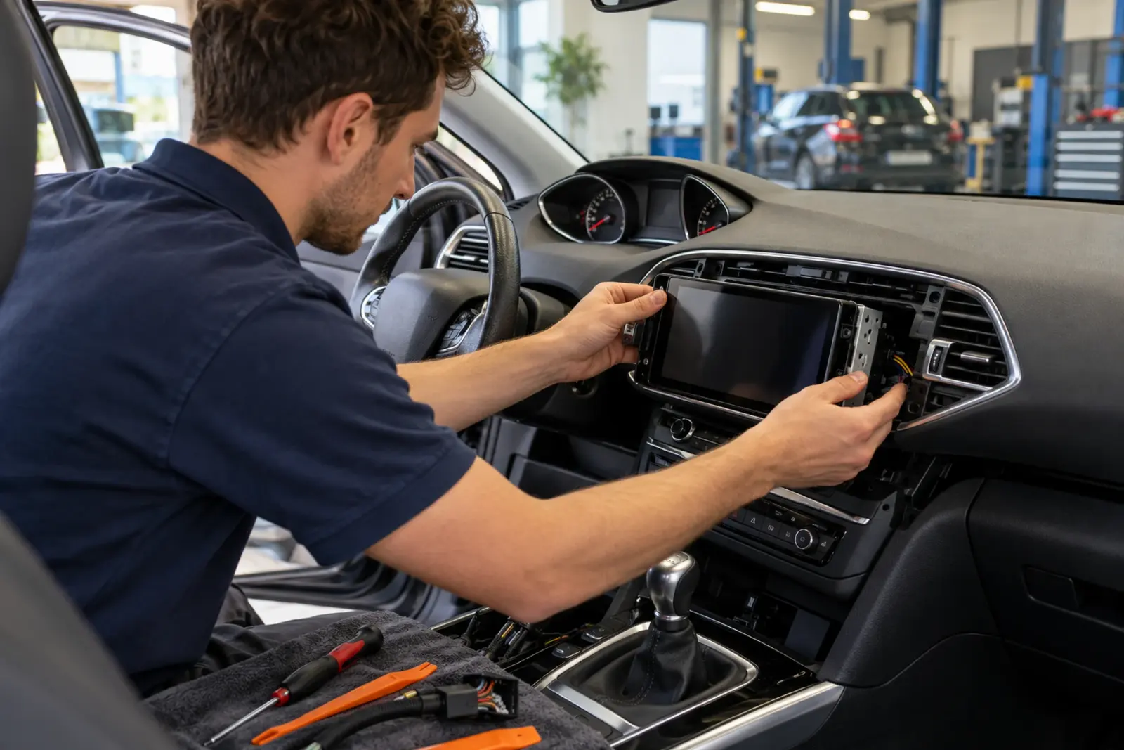CarPlay scherm inbouwen in Nijmegen: monteur schuift het nieuwe touchscreen in de dashboardopening in de werkplaats van de inbouwpartner